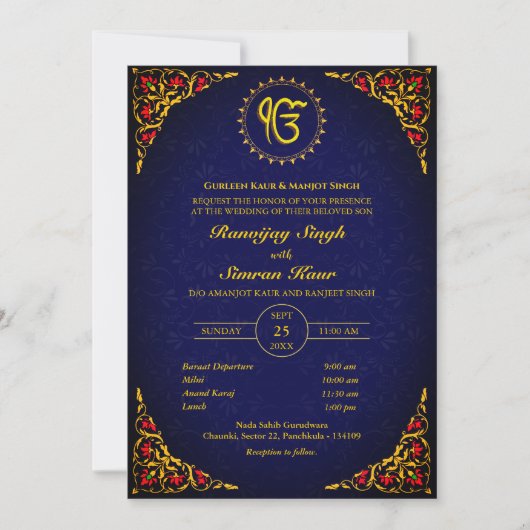 Invitation Mariage sikh du Punjabi Anand Karaj Golden (Devant)