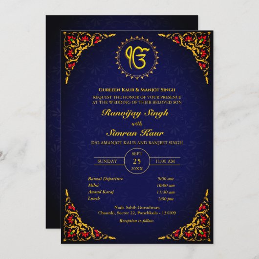 Invitation Mariage sikh du Punjabi Anand Karaj Golden (Devant / Derrière)