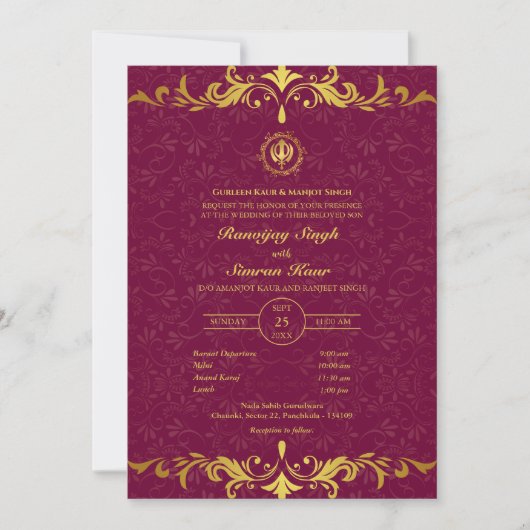 Invitation Mariage sikh du Punjabi Anand Karaj Golden (Devant)