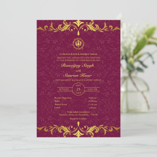 Invitation Mariage sikh du Punjabi Anand Karaj Golden (Debout devant)