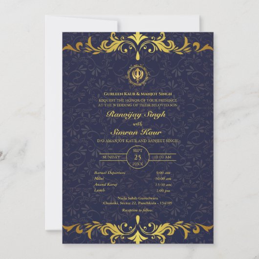 Invitation Mariage sikh du Punjabi Anand Karaj Golden (Devant)