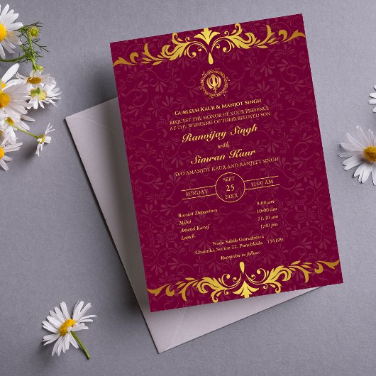 Invitation Mariage sikh du Punjabi Anand Karaj Golden