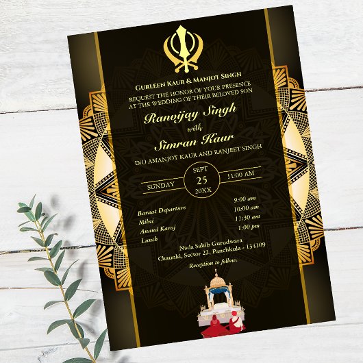 Invitation Mariage sikh du Punjabi Anand Karaj Golden