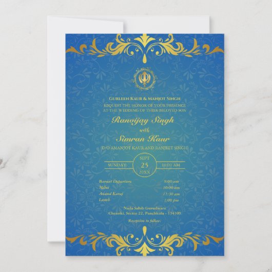 Invitation Mariage sikh du Punjabi Anand Karaj Golden (Devant)