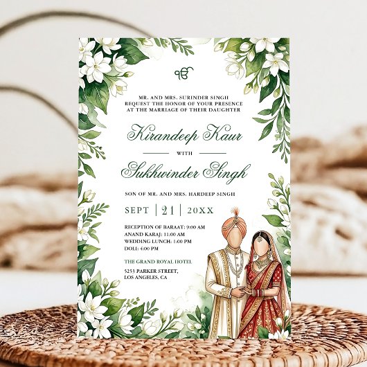 Invitation Mariage sikh floral jasmin blanc feuillage vert