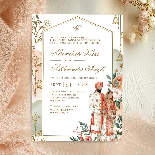 Invitation Mariage Sikh Moderne à Fleurs de Pêche avec Arche