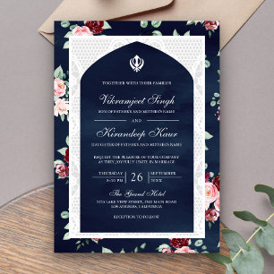 Invitation Mariage Sikh Punjabi Anand Karaj Bleu Nuit Floral