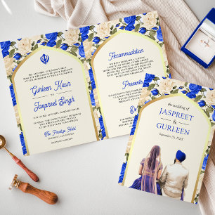 Invitation Mariage Sikh Tout en Un Fleurs d'Ivoire Bleu Royal