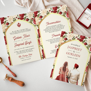 Invitation Mariage Sikh Tout en Un Fleurs d'Ivoire Rouge