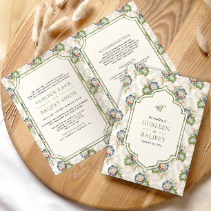 Invitation Mariage Sikh Tout en Un Floral Vert Bleu Ivoire