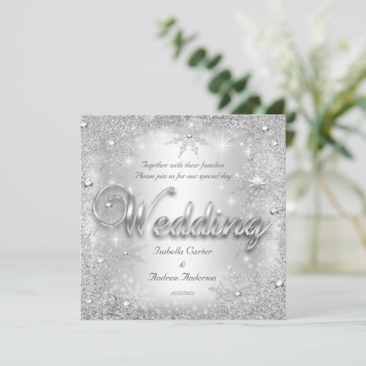 Invitation Mariage Silver Winter Wonderland Snowflakes (Debout devant)