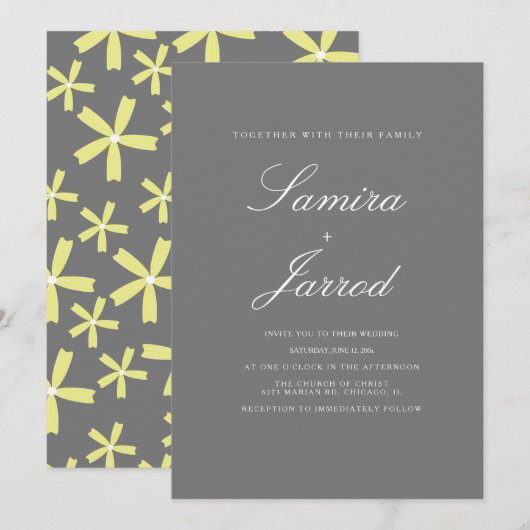 Invitation Mariage simple à motifs floraux jaunes et gris (Devant / Derrière)