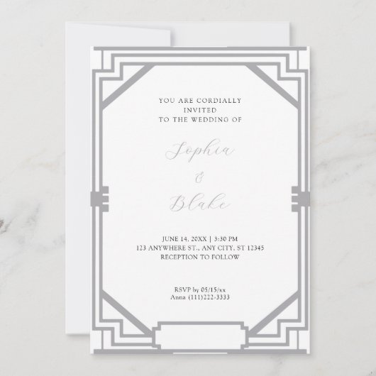 Invitation Mariage Simple Art Déco Argent et Blanc (Devant)