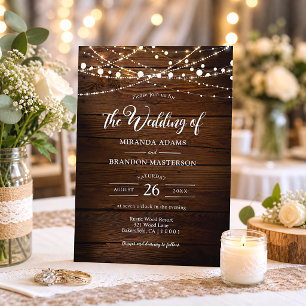 Invitation Mariage simple avec des lumières en bois rustique 