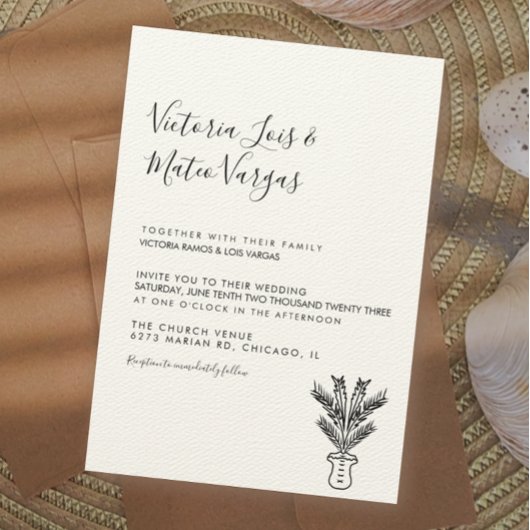 Invitation Mariage simple avec palmier en pot dessiné à la ma