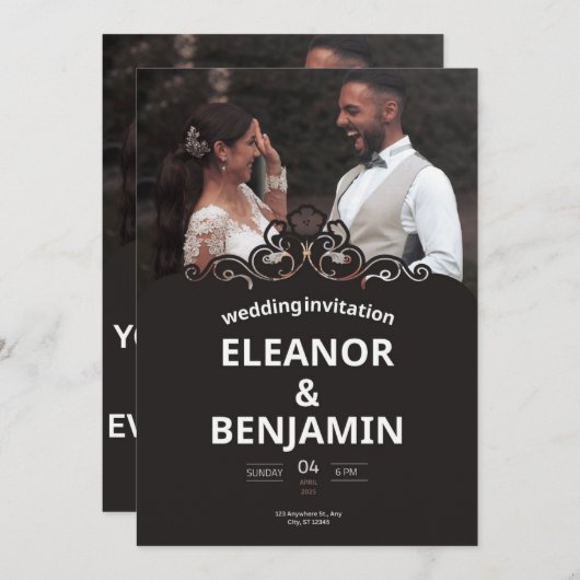 Invitation Mariage simple blanc et marron (Devant / Derrière)