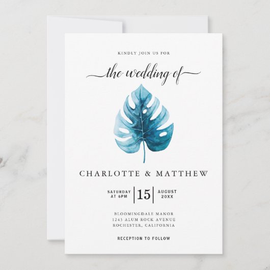 Invitation Mariage simple couleur d'aquarelle tropicale Monst (Devant)