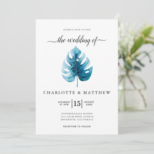 Invitation Mariage simple couleur d'aquarelle tropicale Monst (Debout devant)