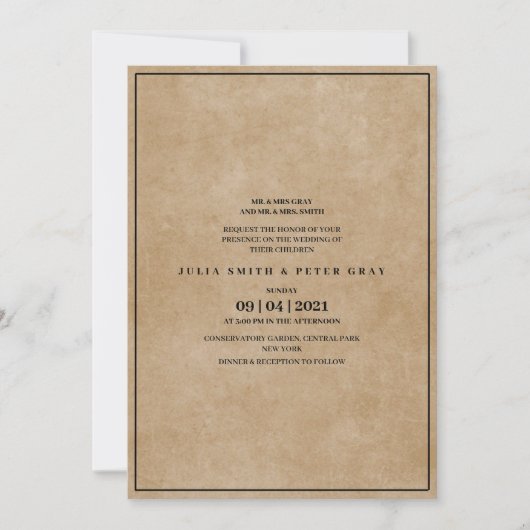 Invitation Mariage simple dans du papier marron de style vint (Devant)