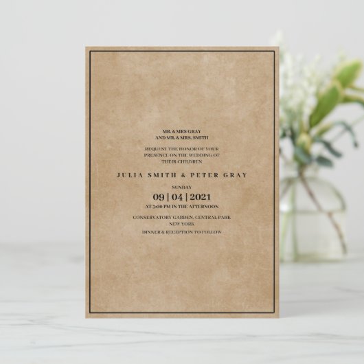 Invitation Mariage simple dans du papier marron de style vint (Debout devant)