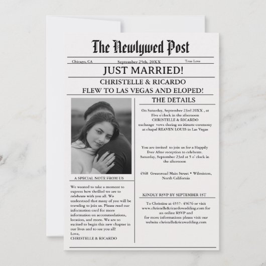 Invitation Mariage simple dans le journal juste mariés (Devant)