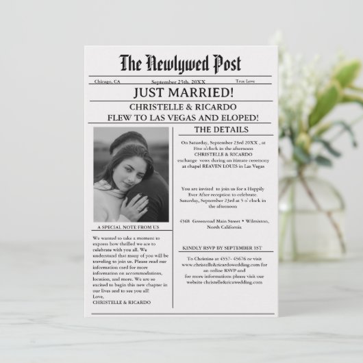 Invitation Mariage simple dans le journal juste mariés (Debout devant)