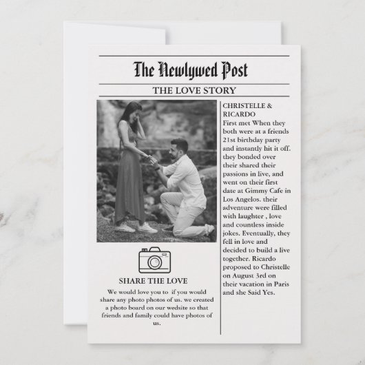 Invitation Mariage simple dans le journal juste mariés (Dos)