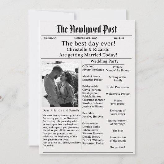 Invitation Mariage simple de journal script enregistrer la da (Devant)