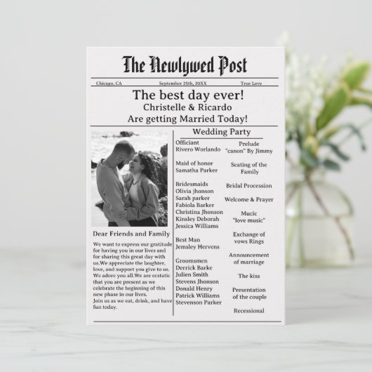 Invitation Mariage simple de journal script enregistrer la da (Debout devant)