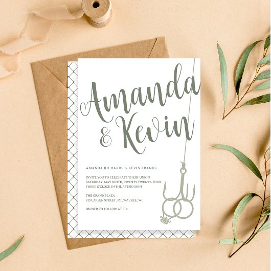 Invitation Mariage simple de pêche anneaux Sage Moss Green