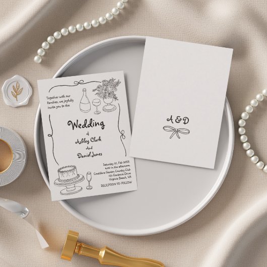 Invitation Mariage simple doodlé noir et blanc 