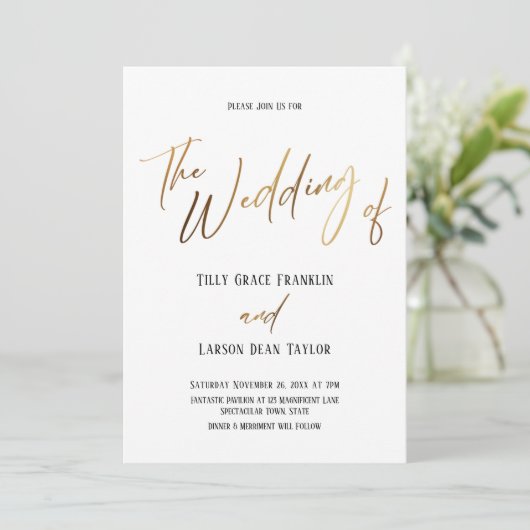 Invitation Mariage Simple Écriture Main Or Lisse Le Des (Debout devant)