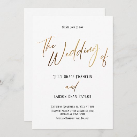 Invitation Mariage Simple Écriture Main Or Lisse Le Des (Devant / Derrière)