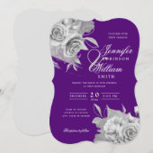 Invitation Mariage simple élégant Argent Floral & Foil Violet (Devant / Derrière)