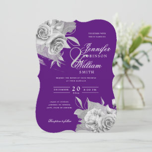 Invitation Mariage simple élégant Argent Floral & Foil Violet