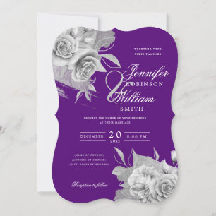 Invitation Mariage simple élégant Argent Floral & Foil Violet