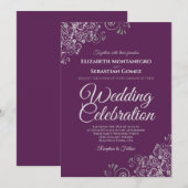 Invitation Mariage Simple Élégant Argent sur Violet (Devant / Derrière)