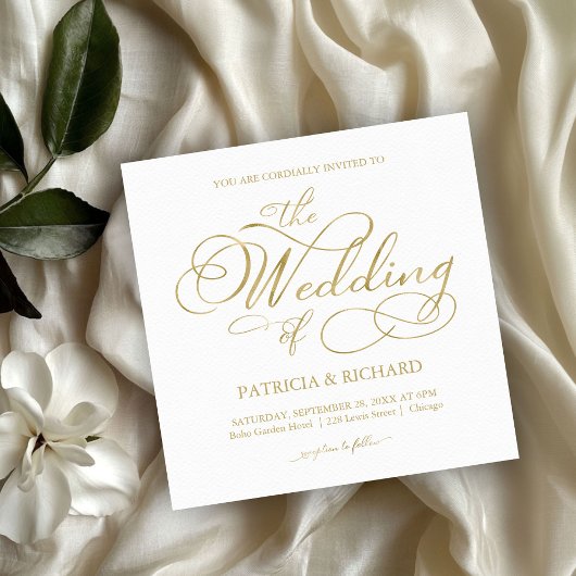 Invitation Mariage Simple Élégant Écriture Feuille d'Or