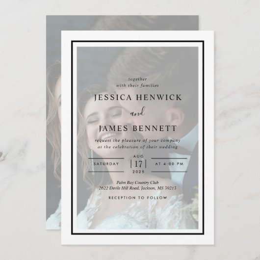 Invitation Mariage simple élégant en noir script photo superp (Devant / Derrière)