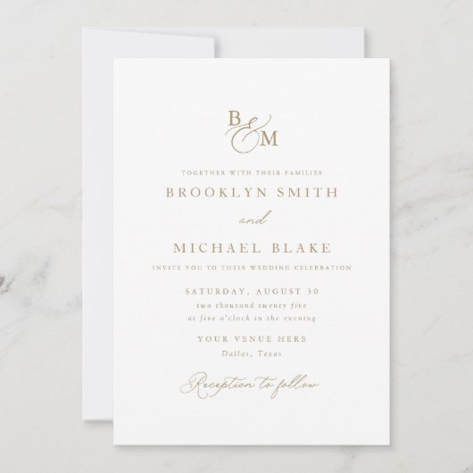 Invitation Mariage simple Elegant Gold Monogram (Devant)