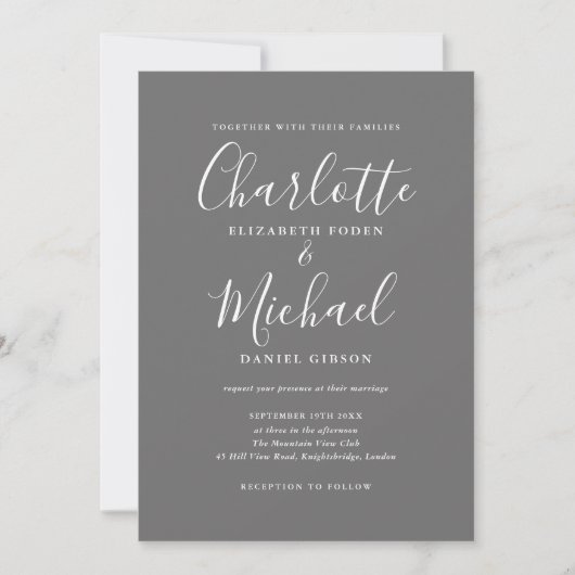 Invitation Mariage simple élégant gris et blanc écriture (Devant)