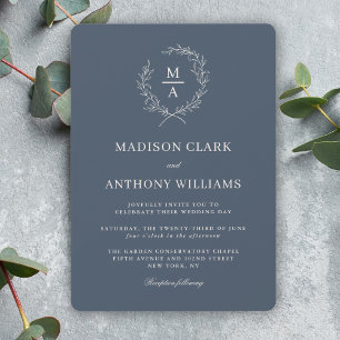 Invitation Mariage simple élégant monogramme bleu marine