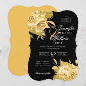 Invitation Mariage simple élégant Or Floral & Foil Noir (Devant / Derrière)