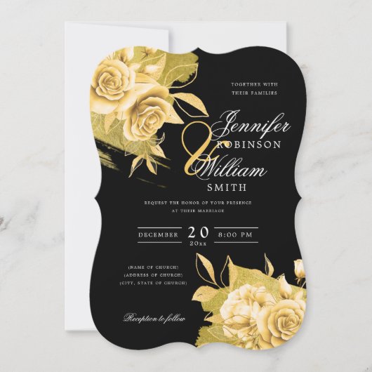 Invitation Mariage simple élégant Or Floral & Foil Noir (Devant)