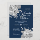 Invitation Mariage simple élégant Silver Floral & Foil Navy (Devant / Derrière)