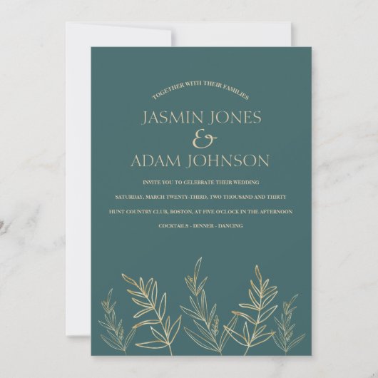 Invitation Mariage simple Emerald Green et Feuille Gold (Devant)
