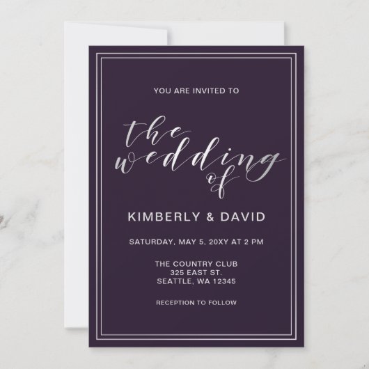 Invitation Mariage simple en argent violet (Devant)