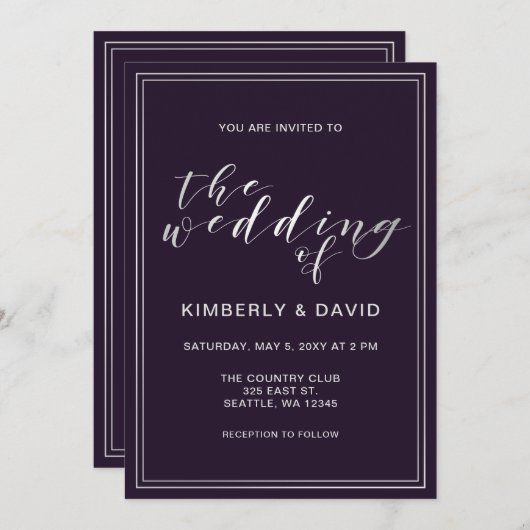Invitation Mariage simple en argent violet (Devant / Derrière)