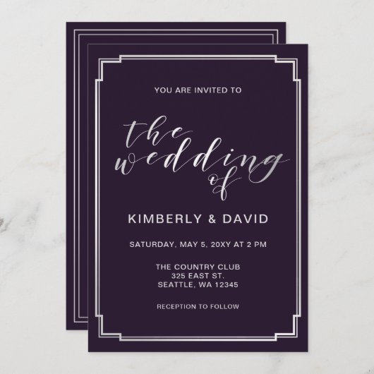 Invitation Mariage simple en argent violet (Devant / Derrière)