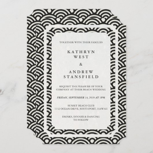Invitation Mariage simple et élégant Noir+Blanc Plage (Devant / Derrière)